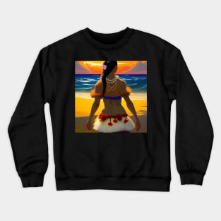 Hula Girl Hawaiian Luau Impressionist Painting Hawaii Sunset Pearls Crewneck Sweatshirt